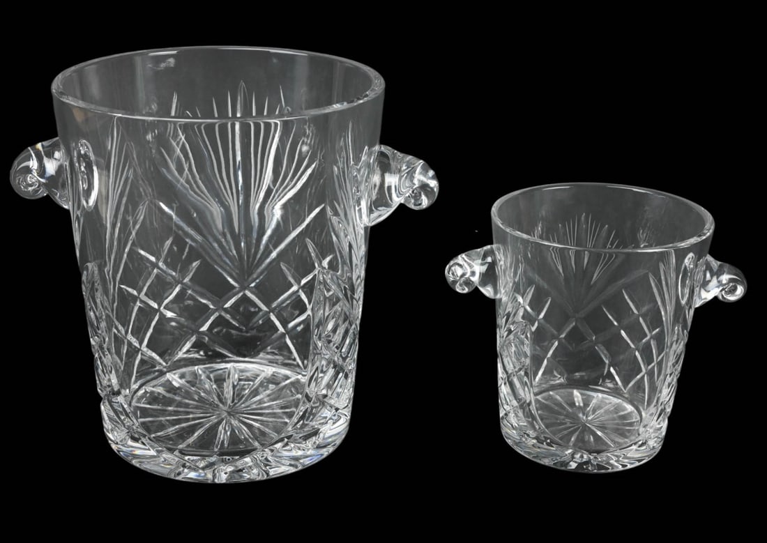 Pair Polish Cut Crystal Wine or Ice Buckets: Pair Polish Cut Crystal Wine Bucket, Ice Bucket. Larger measures 9 inches x 10 inches.