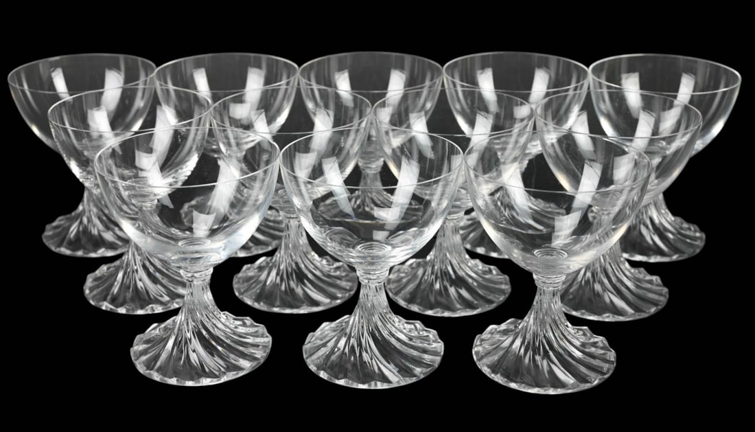 12 Lalique France Crystal Rambouillet Wine Glasses: 12 Lalique France Crystal Rambouillet Madeira Wine Glasses Circa 1970 by Marc Lalique. One glass has minor chips. Each measures 3.5 inches x 4 inches.