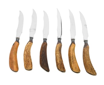 6 Antique Asprey Natural Stag Antler Steak Knives