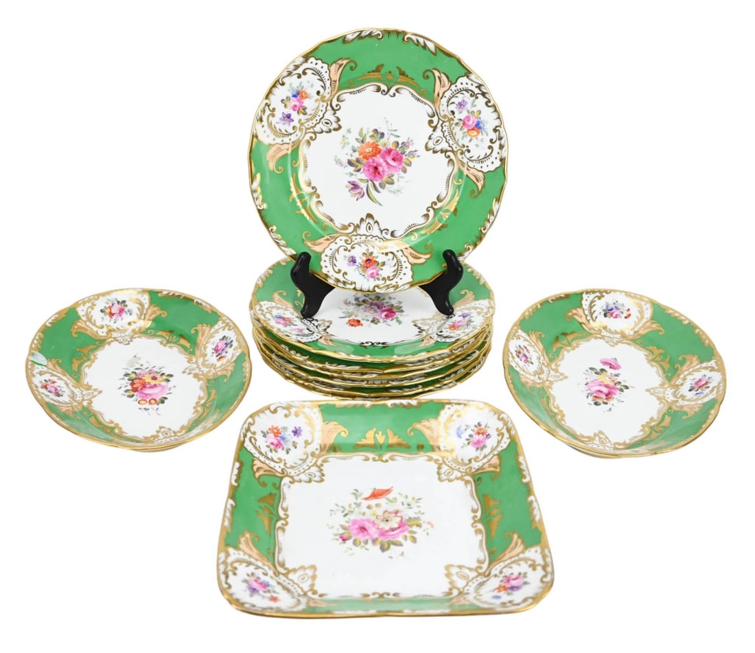 10 Antique Coalport Green Batwing Porcelain Plates (1 of 11)