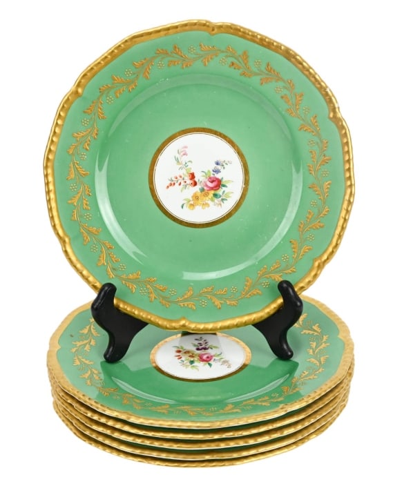 6 Gilman Collamore Gilded Gold Floral Plates: Vintage 6 Gilman Collamore Gilded Gold Floral Design Lunch Plates. Each measures 9 inches in diameter.