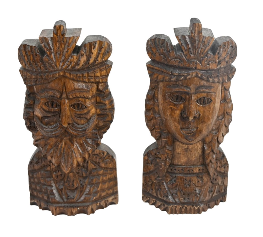 Hand Carved Black Forest Busts King & Queen: Hand Carved Black Forest Busts of King & Queen Mounted as Book Ends. Each measures 9 inches x 5 inches.