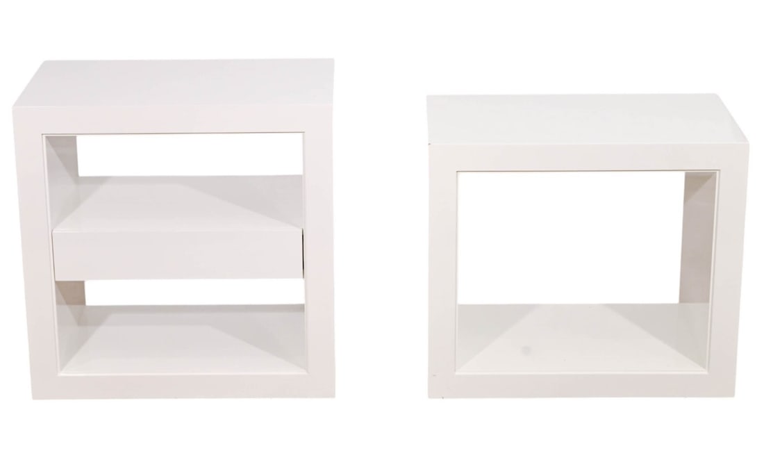 Pair Mid Century Hand Painted Cube Side Tables: Pair Mid Century Hand Painted Cube Side Tables.Side Table with Drawer 24 inches x 24 inches x 15 inches.Side Table 21 inches x 24 inches x 15 inches.