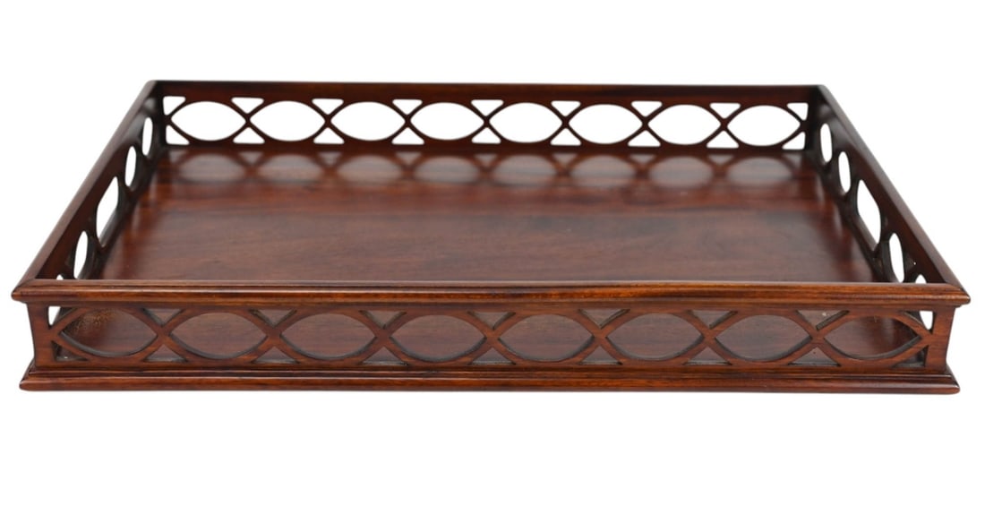 Carved Wood Table Tray w Reticulated Gallery: Carved Wood Table Tray w Reticulated Gallery. Measures 3 inches x 19 inches x 13 inches.