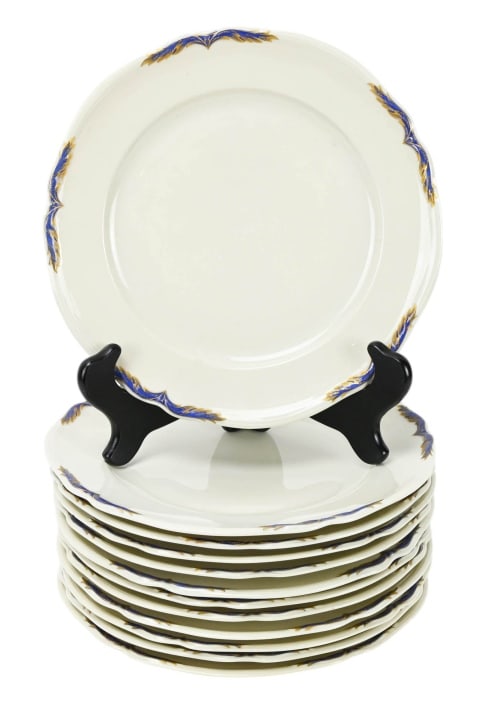 12 Royal York Hohenberg Sphinx Bleu Lunch Plates: 12 Royal York Hohenberg Germany Sphinx Bleu Pattern Lunch Plates. 9 inches in diameter.