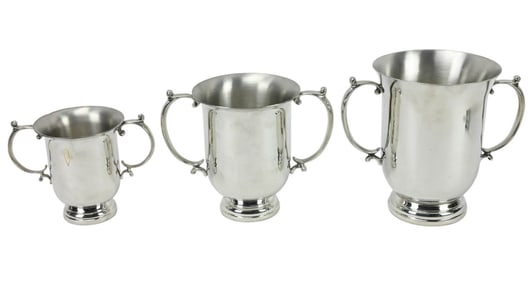 3 Footed Loving Cup Style Polished Pewter Vessels