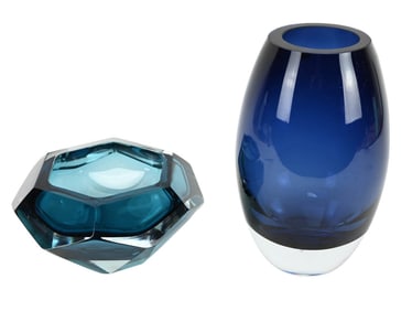 2 Blue Crystal Art Glass Tabletop Vessels Badash