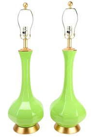 Pair Porcelain MCM Style Vase Lime Table Lamps