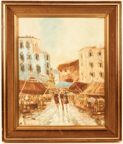 Mid C Oil Painting European Street Market Scene