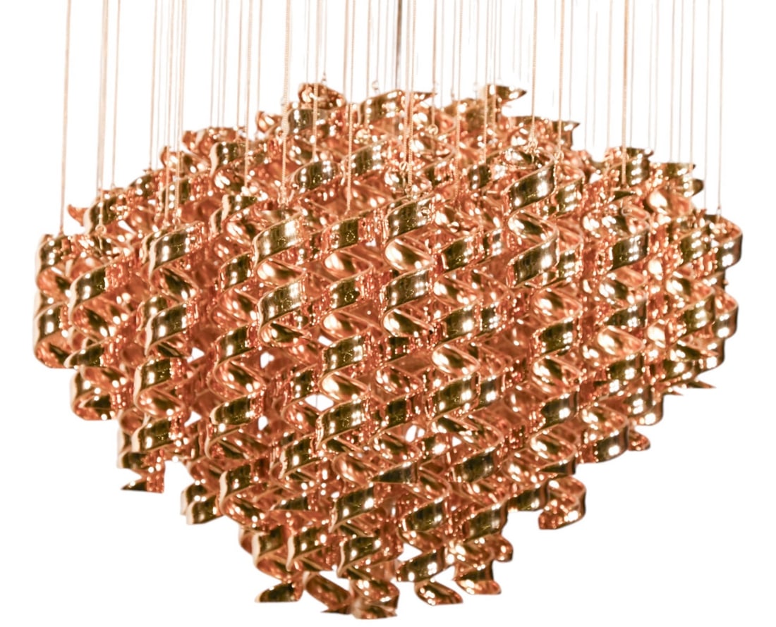 MC Zero Quattro Italian Brass Coil Chandelier: Mid Century Zero Quattro Italian Brass Coil Chandelier with a Sunburst Frame on Top and Metal Chains.Measures 46 inches x 27 inches diameter.