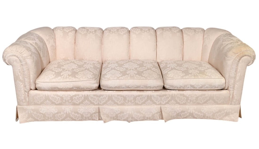 Baker Furniture Rolled Back Damask Ivory Sofa: Vintage Baker Furniture Rolled Back Sofa in Ivory Damask. The upholstery requires cleaning and sofa is down and poly filled. Measures 29 inches x 84 inches x 34 inches, and is18 inches from floor to s
