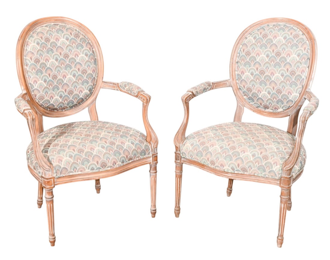 French Distressed Carved Upholstered Armchairs: Pair French Distressed Hand Carved Upholstered Armchairs.Measures 41 inches x 27 inches x 22 inches, seat height 18 inches.