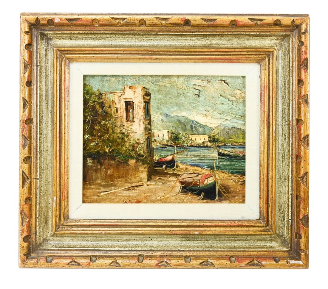 Oil Painting European Shore Line Fishing Boats: Oil Painting European Shore Line with Fishing Boats. Framed measures 14 inches x 17 inches.