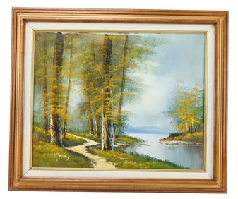 Signed Oil Painting Path in Forest on Lake