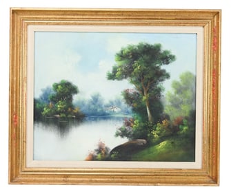 Gouache Lake Landscape Painting Under Glass