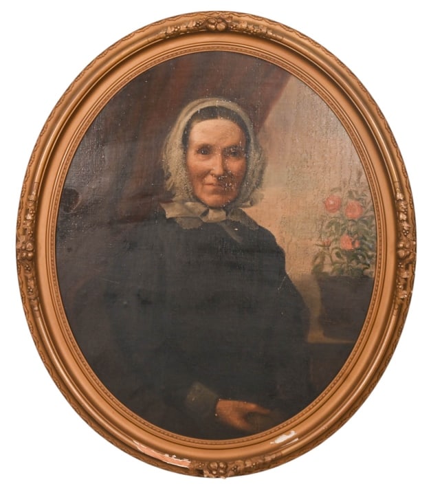 19th Century American School Portrait Painting: 19th Century American School Portrait Painting on Board.Condition: Damaged to the frame, Paint loss nd Craquelure.Measures 36 inches x 30 inches.