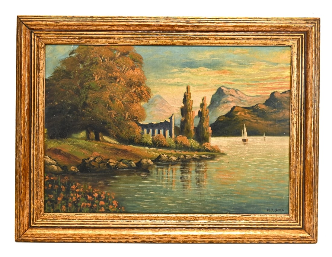 William Rickarby Miller Signed Oil Painting: William Rickarby Miller, American 1818-1893, Signed Oil Painting on Canvas of European Lake Land Scape in Period Frame, Originally Purchase from Henri Gallery in Alexandria, Virginia. Painting measure