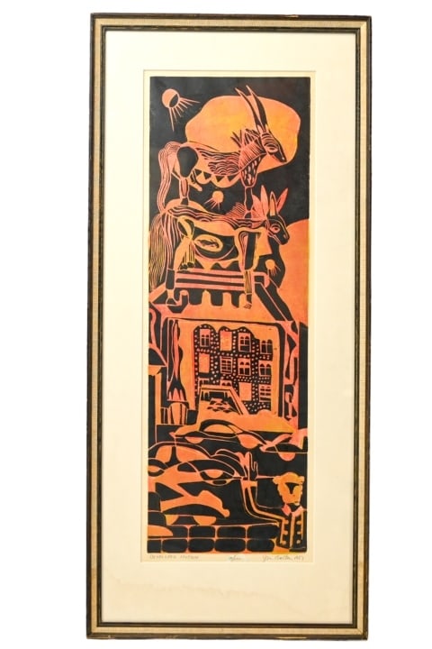 John Murray Barton Signed Woodblock Dated 1957: John Murray Barton, American Born 1921, Signed Woodblock Titled "Developed Motion", Numbered 10/100 and Dated 1957. Framed 31 inches x 14 inches, art measures 25 inches x 9 inches.