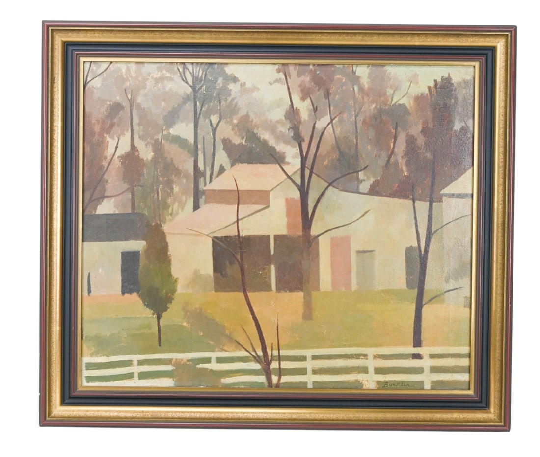 Buckler Signed Oil Painting of Farm Landscape: Buckler Signed Oil Painting of Farm Landscape Framed. Measures 24 inches x 28 inches, art measures 19 inches x 23 inches.