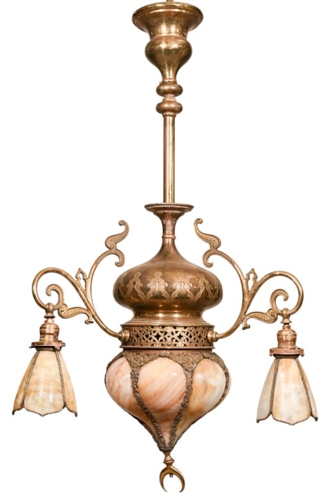 French Art Nouveau Brass Slag Glass Chandelier: Antique French Art Nouveau Brass and Slag Glass Chandelier or Pendant Light Converted From Oil Burning. Requires rewiring as current rewiring is outdated. Measures 40 inches x 19 inches.
