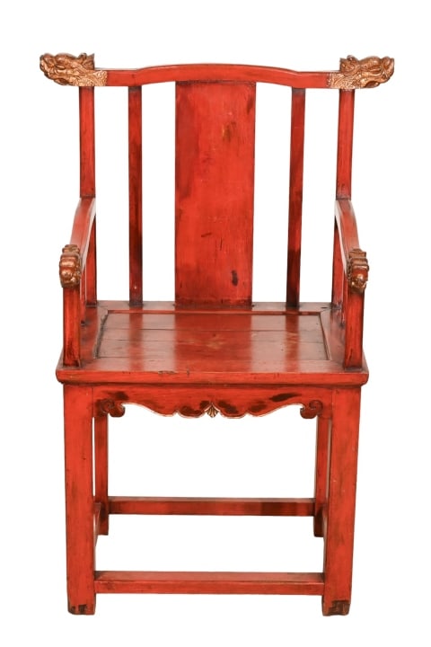Antique Oriental Red Lacquered High Back Chair: Antique Oriental Hand Carved Red Lacquered High Back Armchair with Gilt Koi Dragon Motif.Measures 43 inches x 29 inches x 22 inches, seat height 22 inches.