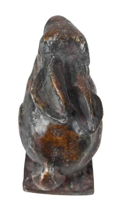Cast Seated Bunny Painted Fois Bois Statue: Plaster Cast Seated Bunny Rabbit Painted to Look Like Wood Fois Bois Statue. Measures 10 inches x 9 inches x 5 inches.