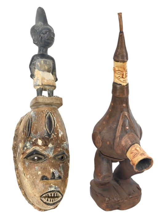 African Kuba Hand Carved Pipe and Mask: African Kuba Hand Carved Pipe and Mask. Pipe measures 19 inches tall.