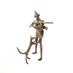 African Ashanti Bronze Figure w Rifle & Dog