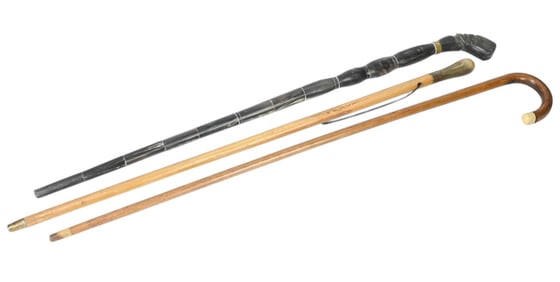 3 English Carved and Bone Accent Walking Sticks