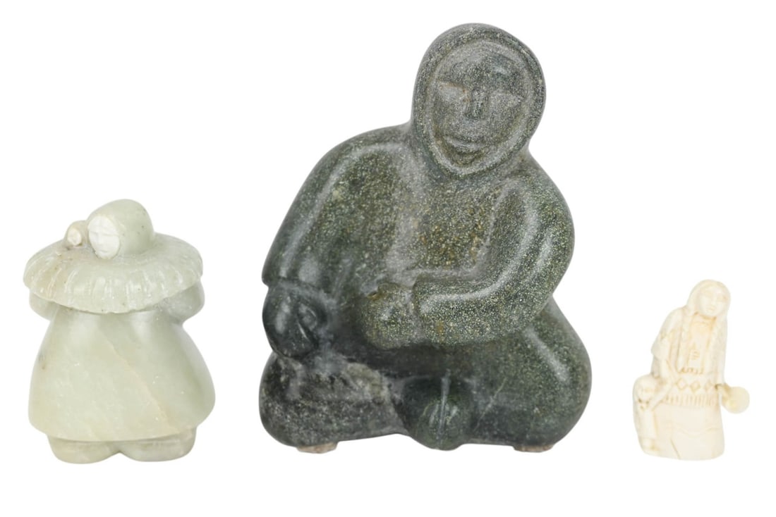 3 Inuit Eskimo Hand Carved Stone Statues Signed: 3 Inuit Eskimo Hand Carved Stone Statues, One is Signed Edith Oktoulk 1978. One is carved bone. Larger measures 7 inches x 5 inches.
