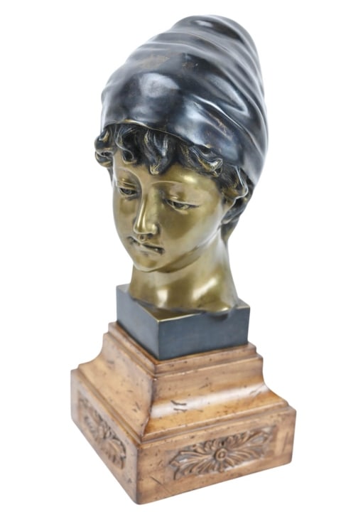 Oriental Style Bronze Tone Bust on Plaster Base: Oriental Style Bronze Tone Bust on Plaster Base. Measures 15 inches x 6 inches.