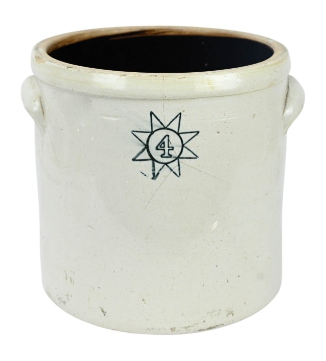 Antique Salt Pottery #4 Star Crock: Antique Salt Pottery #4 Star Crock. Measures 11 inches x 12 inches. There are cracks to pot, please see pictures.