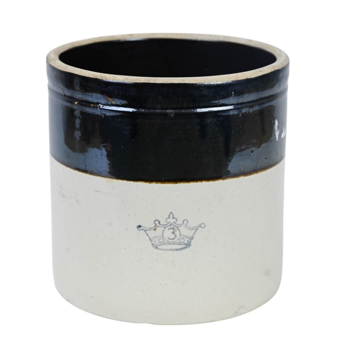 Antique Salt Pottery #3 Crown Crock: Antique Salt Pottery #3 Crown Crock with Brown Stripe. Measures 10 inches x 10 inches.