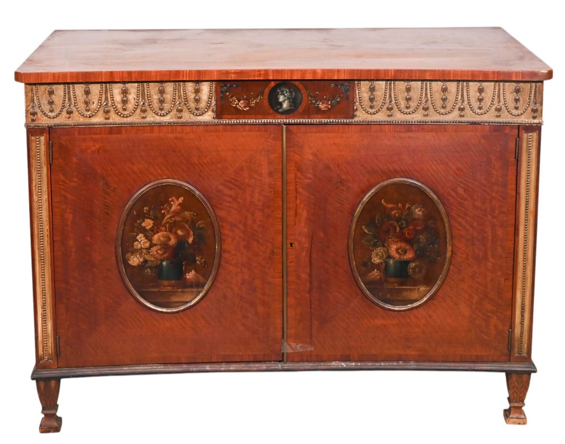 Antique English Neoclassical Painted Cabinet: Antique English Neoclassical Hand Carved Hand Painted Cabinet. Needs restoration, smells cigarettes.Measures 35 inches x 48 inches x 22 inches.
