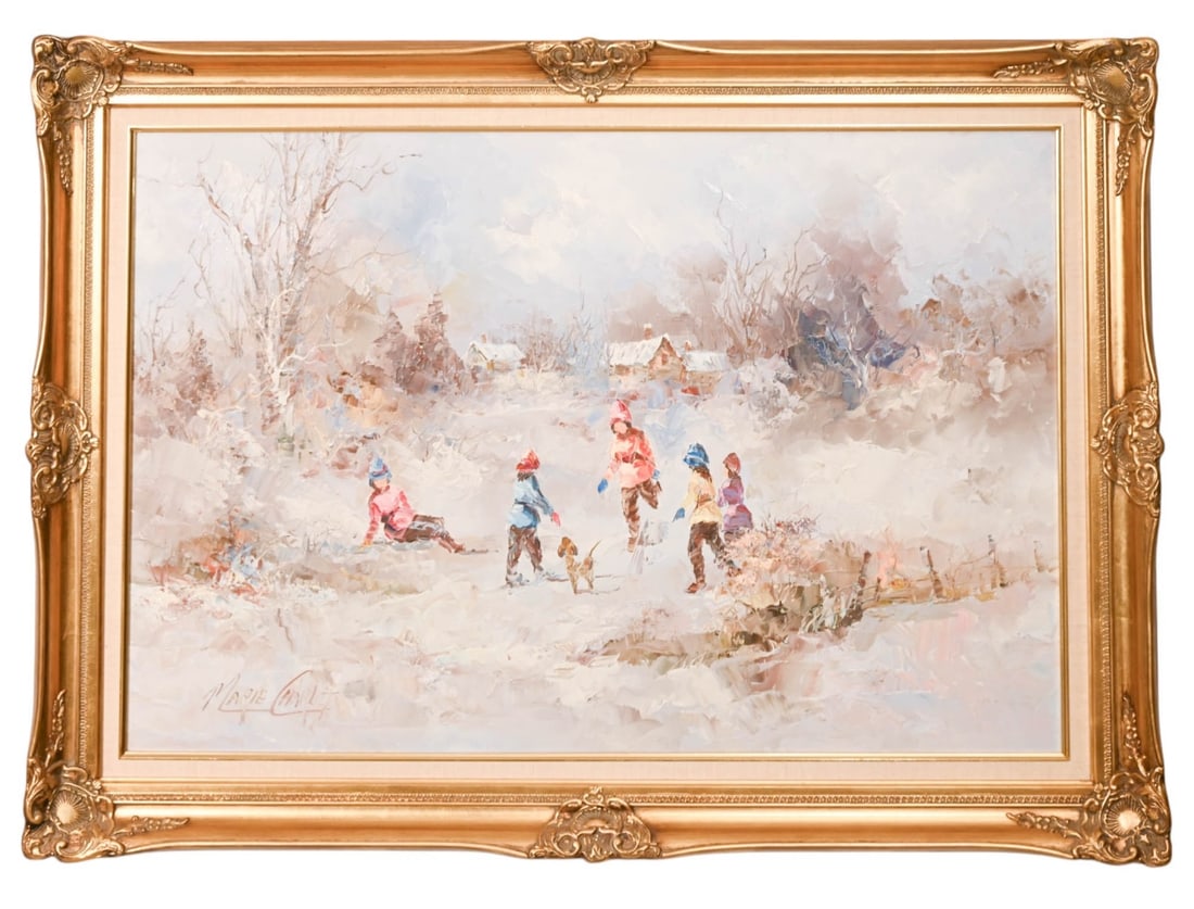 Marie Charlot Signed Impressionist Oil Painting: Marie Charlot Signed Impressionist Oil Painting of Children in Snow in Carved Gilt Frame. Framed measures 32 inches x 45 inches, art 24 inches x 35 inches.