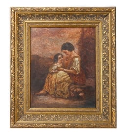 Antique Signed Oil Painting Mother & Child