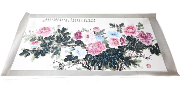 Chinese Scroll Art - Floral Watercolor w Calligrap