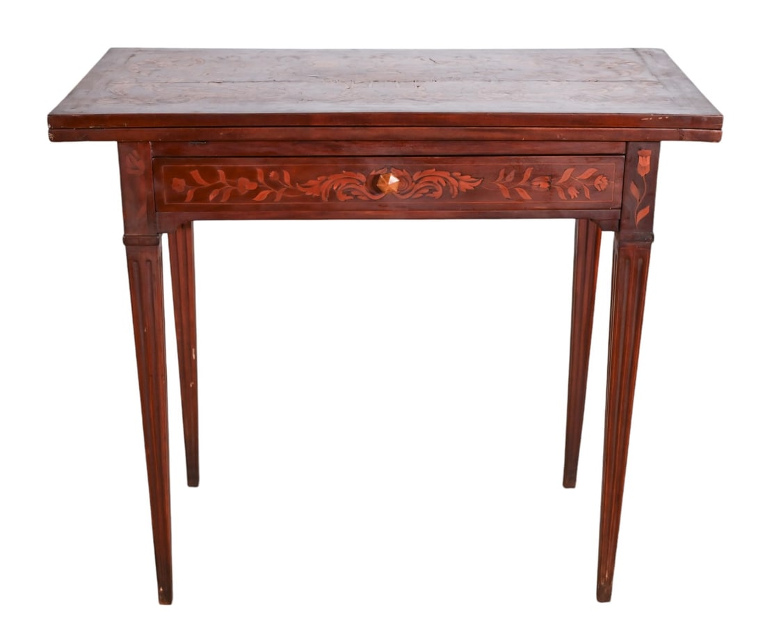 Antique Dutch Marquetry Inlaid Flip Top Game Table: Antique Dutch Marquetry Inlaid Flip Top Game Table. Need some repair.Measures 30 inches x 34 inches x 17 inches.