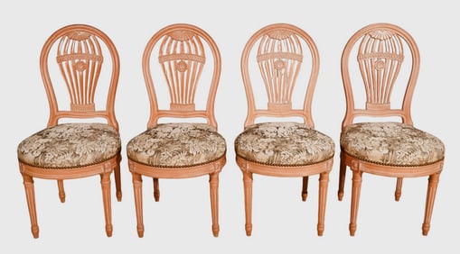 4 French Carved Upholstered Balloon Back Chairs