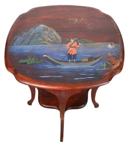 Oriental Style Carved Hand Painted Two-Tier Table