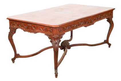 French Carved Parquetry Burl Inlaid Dining Table