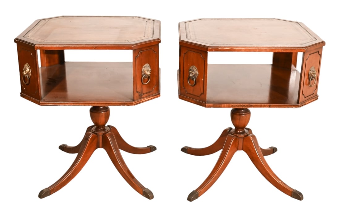 Pair Heritage Leather Top Barrister's Side Tables: Pair Heritage Hand Carved Leather Top Barrister's Side Tables.Measures 28 inches x 23 inches x 23 inches.