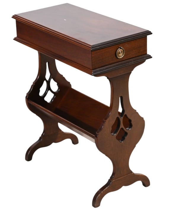 Tradition House Hand Carved End Table w Book Rack: Tradition House Hand Carved End Table wth Book RackMeasures 24 inches x 11 inches x 20 inches.