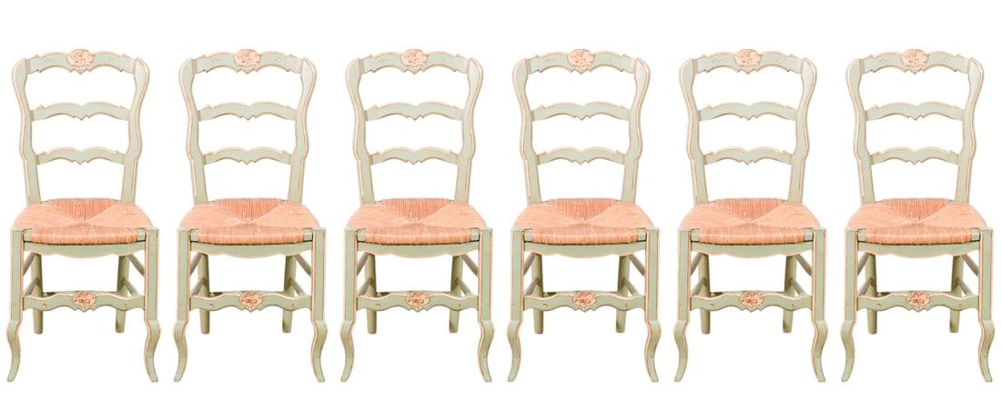 6 French Provincial Carved Rush Seat Side Chairs: 6 French Provincial Hand Carved Hand Painted Rush Seat Ladder Back Side Chairs.Measures 36 inches x 17 inches x 14 inches seat height 18 inches