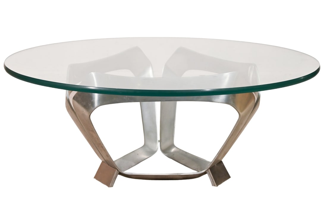 Knut Hesterberg Aluminum Round Glass Coffee Table: Knut Hesterberg Modernist Aluminum Round Glass Vintage Coffee Table.Measures 17 inches x 43 inches diameter.