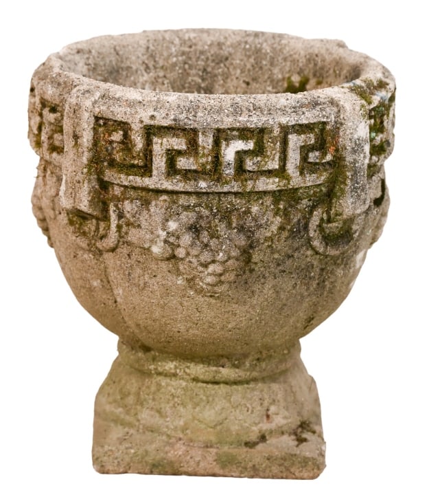 Neo Classical Cast Stone Garden Planter Greek Key: Neo Classical Cast Stone Garden Planter with Greek Key Pattern on Rim. Measures 14 inches x 13 inches x 13 inches.