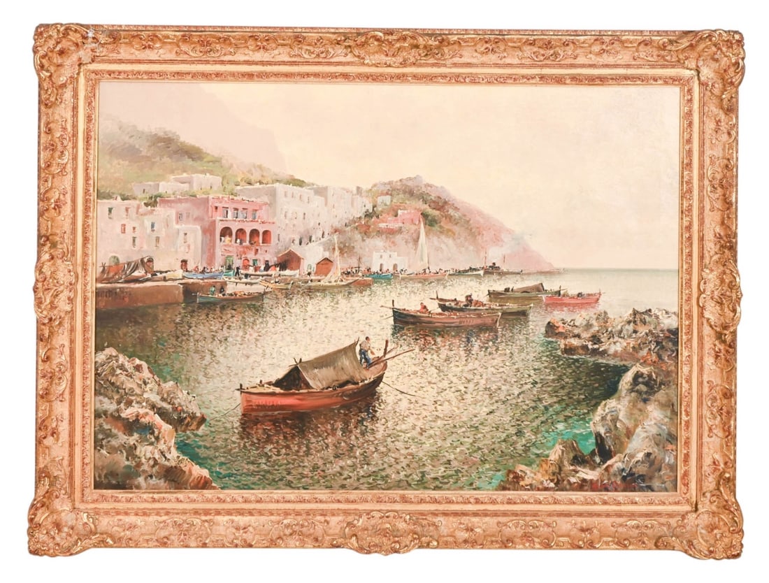 Guido Odierna Signed Oil Painting of Capri Harbor: Guido Odierna, Italian 1913 - 1991, Signed Large Oil Painting of Capri Harbor. Framed measures 35 inches x 48 inches, art measures 26 inches x 39 inches.