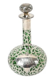 Antique 19 C Green Glass Sterling Overlay Decanter