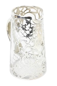 Antique 19th C Glass Pitcher w Sterling Overlay