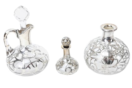 3 Antique Glass Vanity Bottles w Sterling Overlay